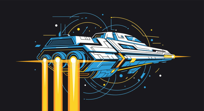 Futuristic spaceship flies through space with bright orange engine exhaust trails against a dark starry background.