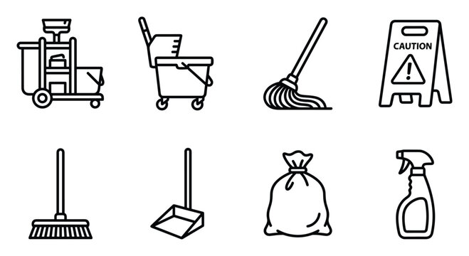 Cleaning tools and equipment icons: cart, bucket, mop, broom, dustpan, trash bag, spray bottle.