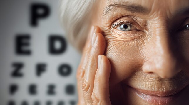 Close-up of elderly woman's eye and hand with eye chart in background