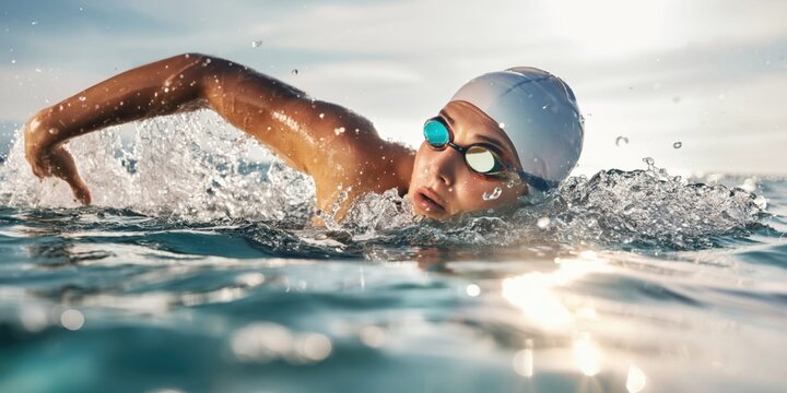 Woman swimming freestyle in open water with sun reflecting on the water surface