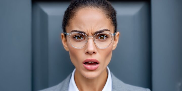 Woman with glasses expressing shock and disbelief with furrowed brow and open mouth