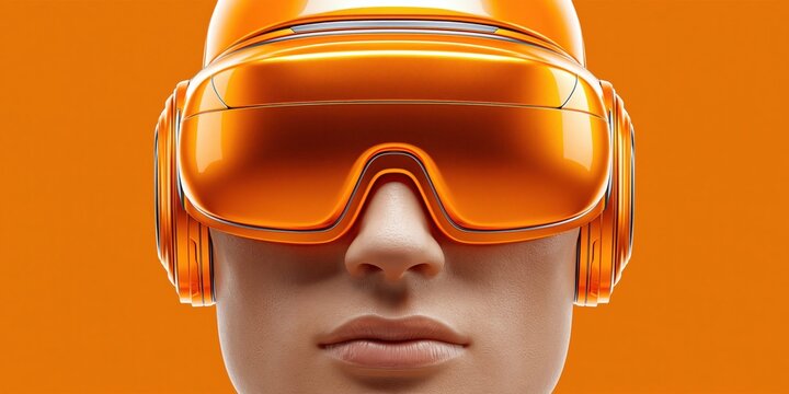 Futuristic AI robot with orange visor and headset on orange background