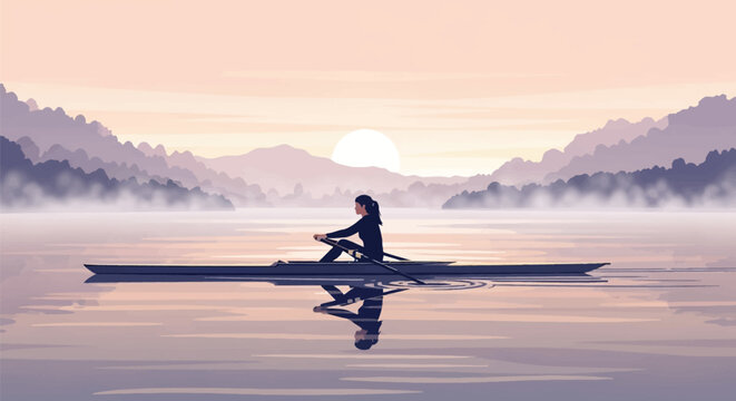 Flat vector illustration of a female athlete rowing a sculling boat on a calm lake at sunrise, featuring misty mountain silhouettes and a soft pastel sky reflected in the water.
