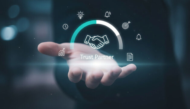 Trust partner handshake symbol with circular meter showing high reliability and credibility for business relations.