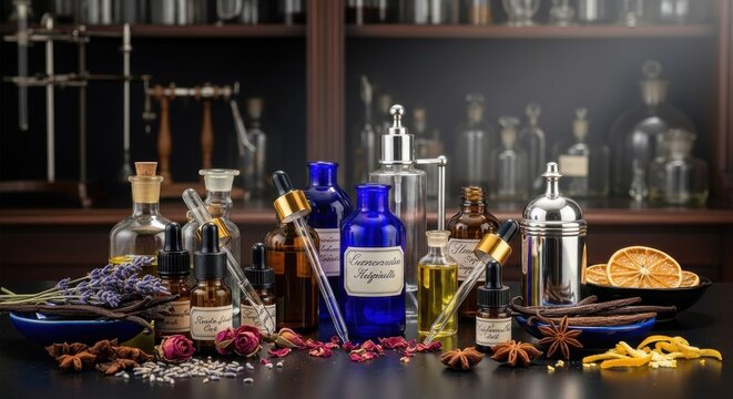 A Collection of Vintage Perfumer Bottles with Essential Oils and Droppers, Displayed with Botanicals and Spices