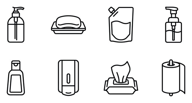 Hygiene and sanitization product icons for hand wash, soap, disinfectant, and paper towel dispenser.