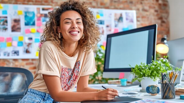 A happy woman with curly hair works at her creative office desk, smiling.
