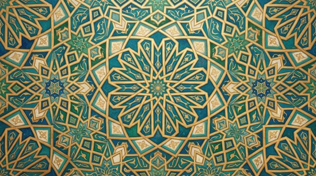 Intricate islamic geometric patterns in turquoise and gold tilework