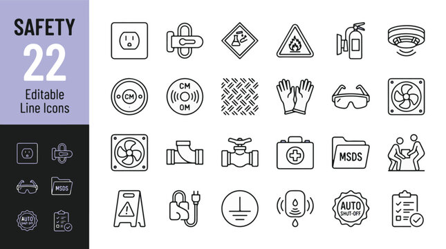 Safety Line Editable Icons set. Vector illustration in a modern thin line style of occupational health and workplace safety icons: fire extinguisher, first aid kit, goggles, MSDS, and more signs.