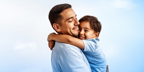 Fototapeta premium A loving Latino father embraces his happy son in a tender, heartwarming hug