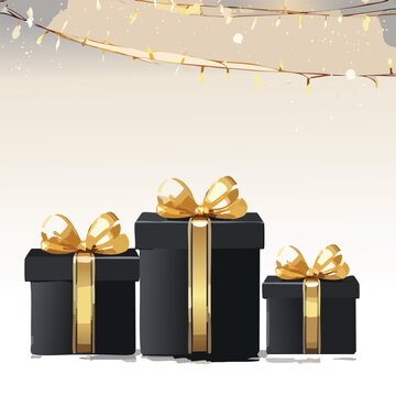 Elegant black gift boxes with golden bows under festive string lights