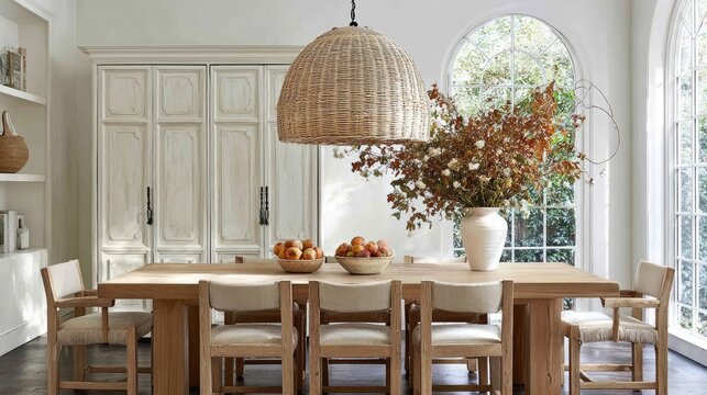 Rustic light wood dining room features natural textures and bright architectural elements