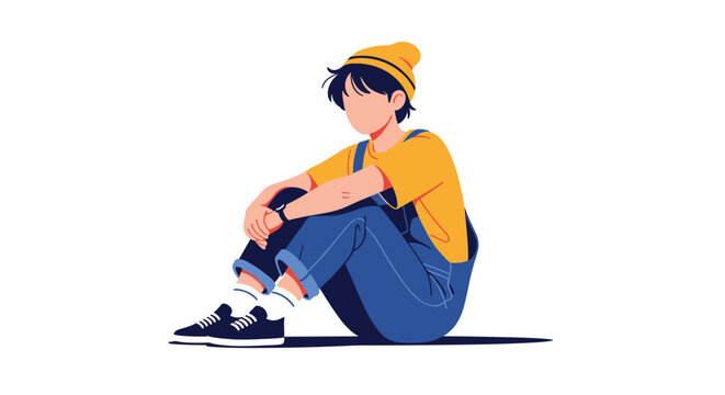 Young person sitting on ground in sad pose wearing yellow beanie and denim overalls against clean white background.