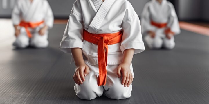 Young karate students in white gi with orange belts kneeling on a training mat