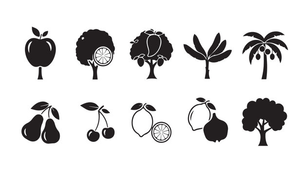 Assorted fruit trees and produce icons in a minimalist silhouette style against a white background