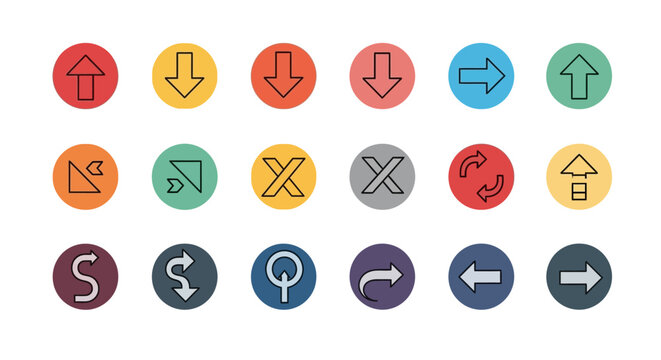 Collection of Colorful Circular Icons with Arrows and Symbols