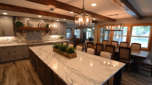 Spacious open concept kitchen and dining area features contemporary rustic design elements