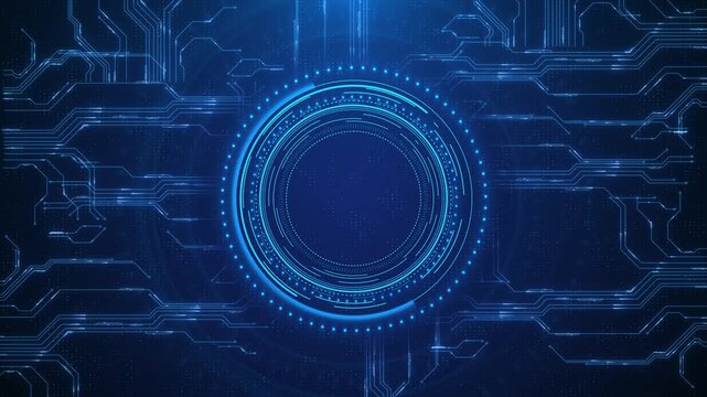 Blue circular HUD circuit interface glowing cyan rings, electronic lines, dotted particles, dark tech space. for AI videos, cyber security intros, data dashboards, software promos, digital overlays.