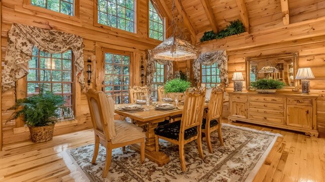 Rustic dining area showcases warm wood construction and abundant natural light filtering through large windows.