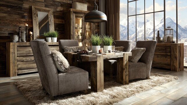 Rustic wooden dining area furnished with plush seating overlooks vast snowy mountain vista through large windows