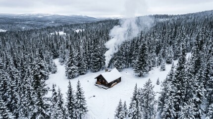 Fototapeta premium Snowy Cabin in the Forest with Smoke Rising from Chimney.