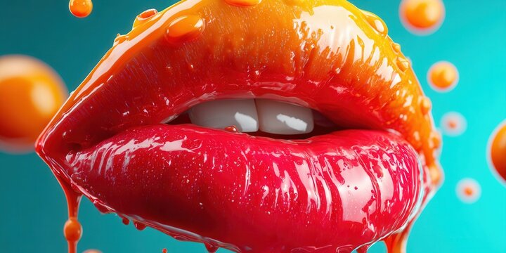 Glossy lips with dripping liquid and floating spheres in vibrant colors