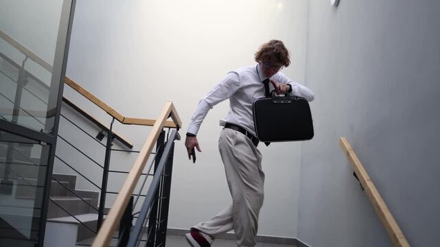 Happy office worker celebrates success dancing while checking phone on stairwell feeling relief after productive day positive эмоции энергия и свобода после работы