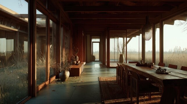 Interior space features expansive glass walls opening onto a natural, grassy exterior landscape