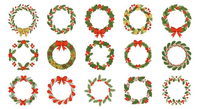 Collection of festive Christmas wreaths with pinecones, holly berries, and bows on white background