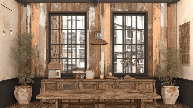 Rustic interior space features distressed wood paneling and large grid windows