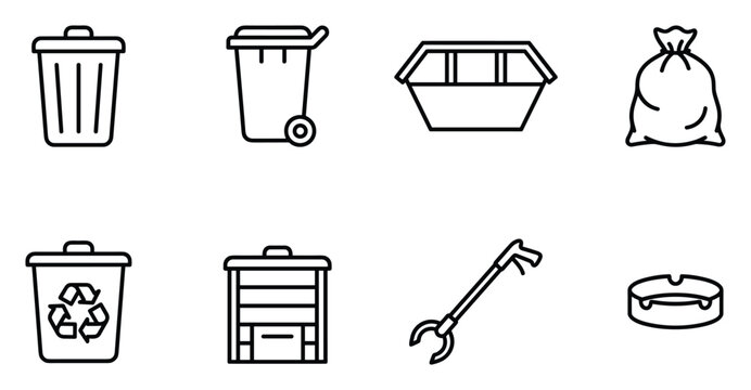 Trash and waste disposal icons, bin, garbage bag, recycling, ashtray, litter picker, waste bin.