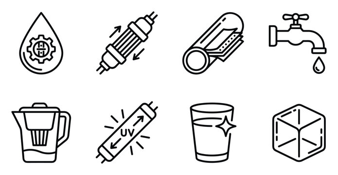 Water purification and filtration system icons for clean drinking water.