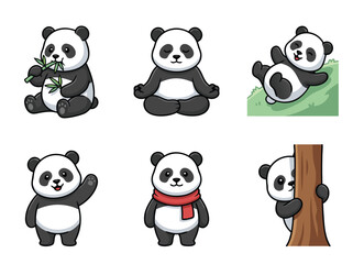 Naklejka premium Cute Cartoon Panda Illustrations Set.