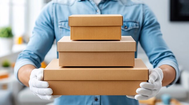 Person in blue shirt and white gloves holding a stack of cardboard boxes