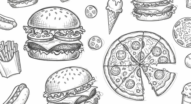 Hand drawn seamless pattern of fast food items including burgers pizza and fries on light background.