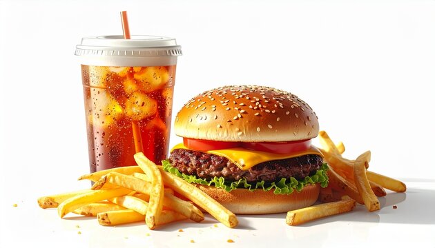 Fast food combo with burger, fries and soda drink isolated on white background