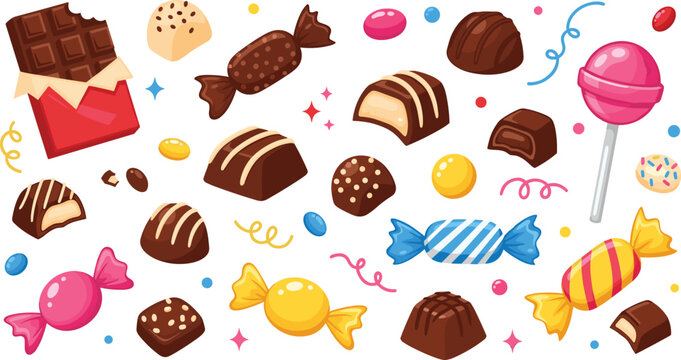 Sweet Candy and Chocolate Collection with Lollipops, Colorful Sweets, and Chocolates for Fun, Party, and Dessert Designs