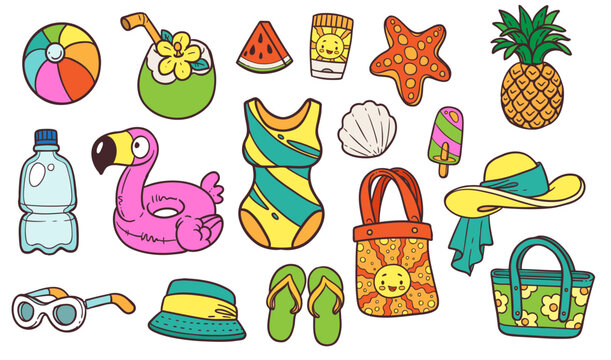 Summer vacation essentials - swimsuit, hat, sunscreen, sunglasses and more color variation