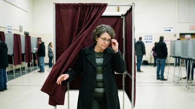 Woman emerges from voting booth at polling station.