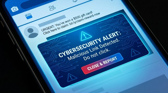 Cybersecurity Alert on Smartphone: Malicious Link Detected.