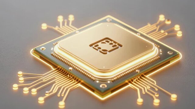 Video Processor Chip with Glowing Golden Circuits Rotating on Dark Background