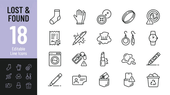 Lost & Found Line Editable Icons set. Vector illustration in a modern thin line style of misplaced items: missing sock, gloves, keys, laundry money, broken ID, torn receipt