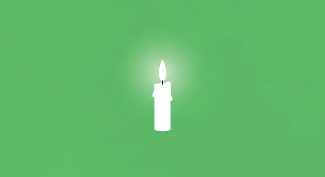 Minimalist vector illustration of a single lit white candle with a glowing flame and melting wax drips, centered against a solid flat green background for copy space.