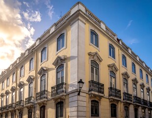 Obraz premium Ornate corner of a historic European building with balconies