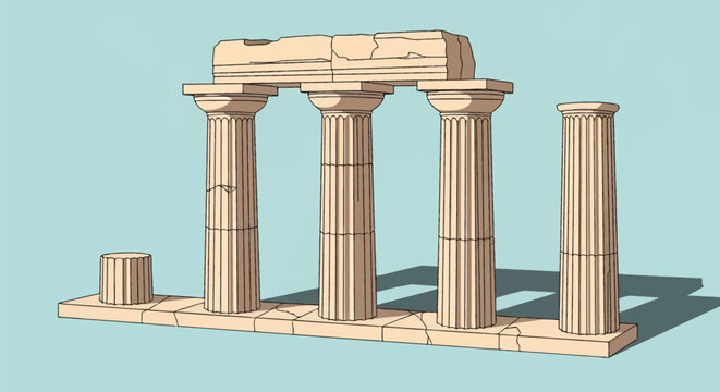 Illustration of ancient Greek temple ruins featuring fluted columns with capitals, a weathered stone architrave, and a cracked rectangular base platform on a light blue background.