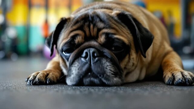 A tired pug dog sleeps soundly on the floor.