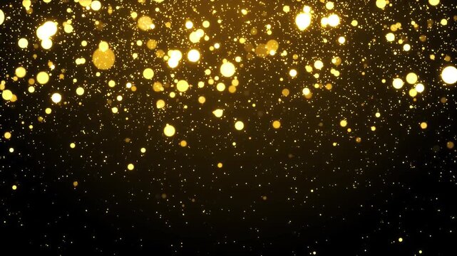 Abstract falling golden glowing bokeh particles and sparkling stardust lights on black background, magical luxury festive holiday concept animation.