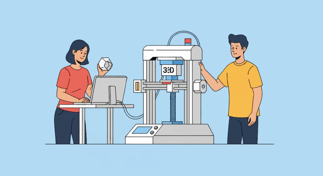 Flat vector illustration of a man and woman using a professional 3D printer; the woman holds a printed geometric model while working on a computer against a light blue background.