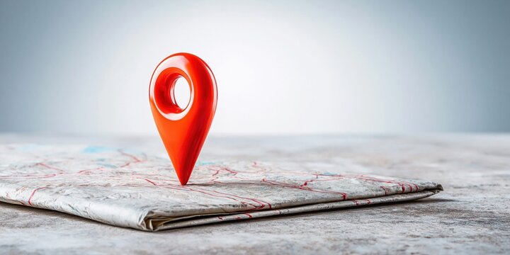 Red map pin marker placed on a folded paper map with shallow depth of field