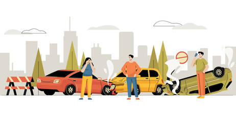 Naklejka premium Car accident crash scene with emergency services and traffic damage for insurance claim banners, safety infographics, and urban warning or website design. Vector illustration